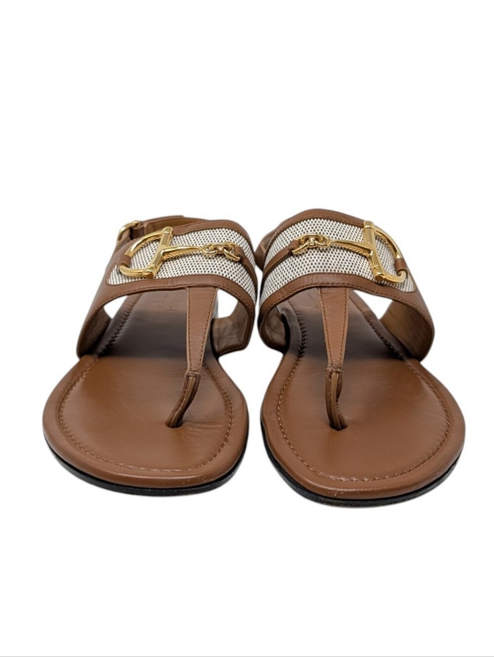 Gucci Alfa Brown Leather Canvas Thong Slingback Sandal Gold Horsebit Size EU 39 - Picture 7 of 10